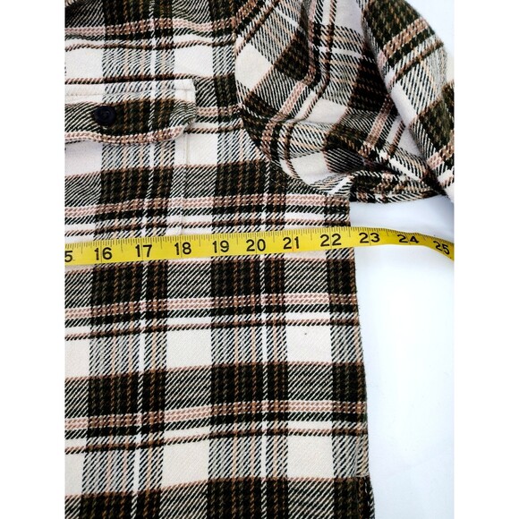 Orvis Heavy Flannel Mens Sz L Shirt Plaid Button Up Green Cream w Side Pockets - Picture 5 of 12